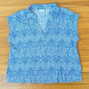 RACHEL ZOE Women Sz L Shirt Blue White Floral Linen Cap Sleeves Polo Collar